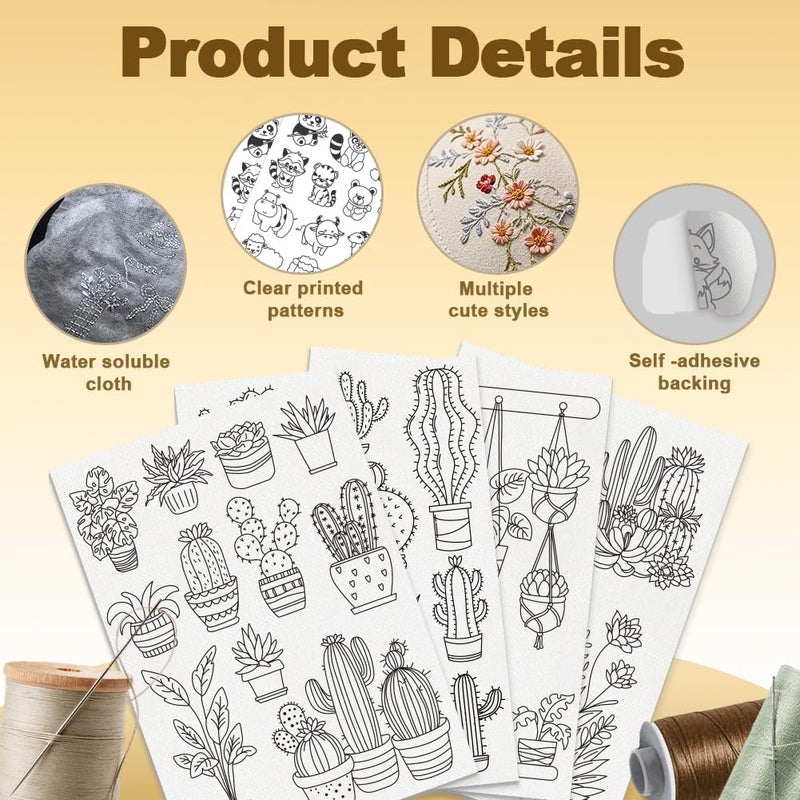 DOODLREAM 30Pcs Bonsai Cactus Embroidery Pattern Stabilizers, 8.3"x11.7" Potted Cacti Water Soluble Stick and Stitch Embroidery Stickers, 4 Sheets Cactus Hand Sewing DIY Embroidery Paper - Image 3